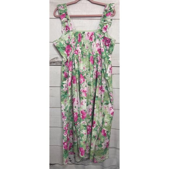 Torrid Floral Dress Pockets Size 1 (14/16) Green With Pink Flowers Midi - Picture 2 of 6